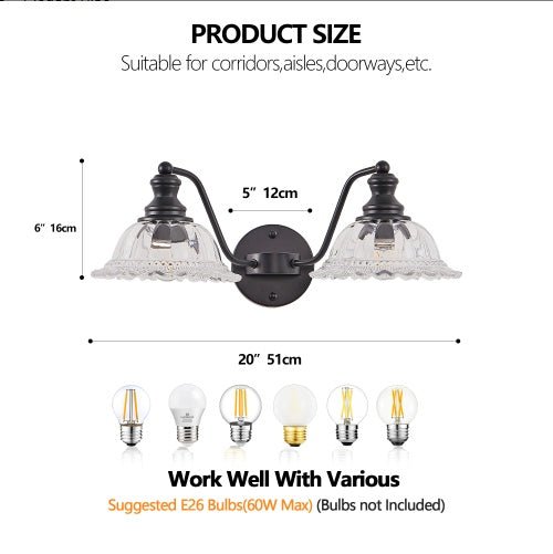 20 - Inch Vintage 2 - Light Bathroom Wall Sconce – Black Metal & Glass Vanity Light - Homtoy