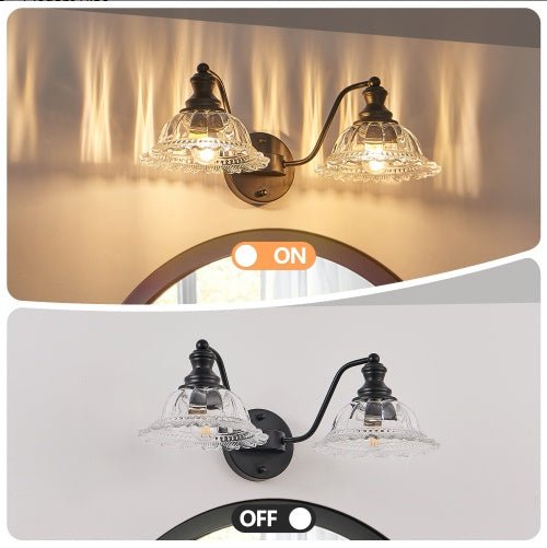20 - Inch Vintage 2 - Light Bathroom Wall Sconce – Black Metal & Glass Vanity Light - Homtoy