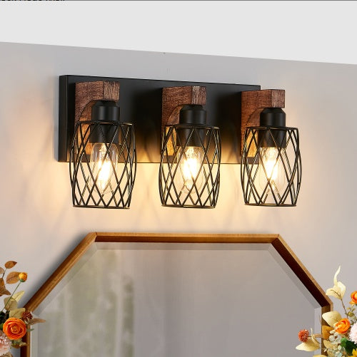 18-Inch Industrial Vintage 3-Light Wall Sconce – Black Cage with Wooden Accents