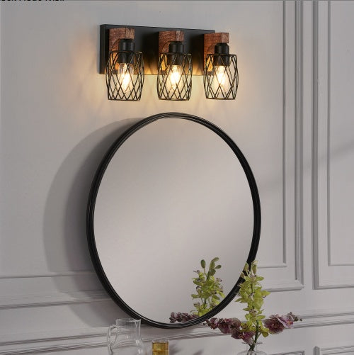 18-Inch Industrial Vintage 3-Light Wall Sconce – Black Cage with Wooden Accents