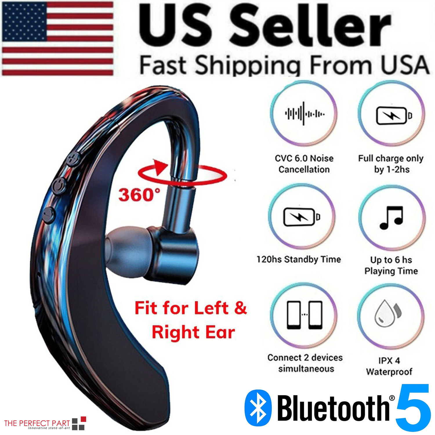 Wireless Bluetooth 5.0 Earpiece Headset Driving Trucker Earbuds Noise Cancelling - Homtoy