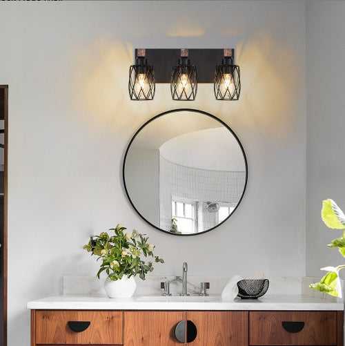 18-Inch Industrial Vintage 3-Light Wall Sconce – Black Cage with Wooden Accents