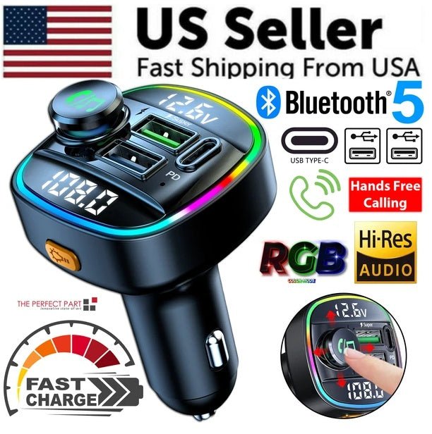 Bluetooth 5.0 Car Wireless FM Transmitter Adapter USB PD Charger AUX Hands - Free - Homtoy
