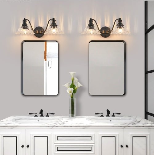 20 - Inch Vintage 2 - Light Bathroom Wall Sconce – Black Metal & Glass Vanity Light - Homtoy