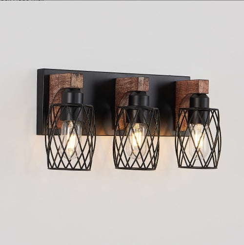 18-Inch Industrial Vintage 3-Light Wall Sconce – Black Cage with Wooden Accents