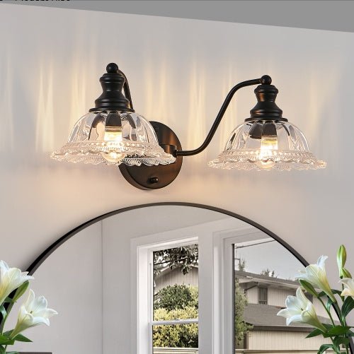 20 - Inch Vintage 2 - Light Bathroom Wall Sconce – Black Metal & Glass Vanity Light - Homtoy